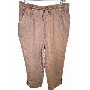 Cropped Linen Pants Womens Sz XL Tan Beige Pull On Elastic Drawstring Summer